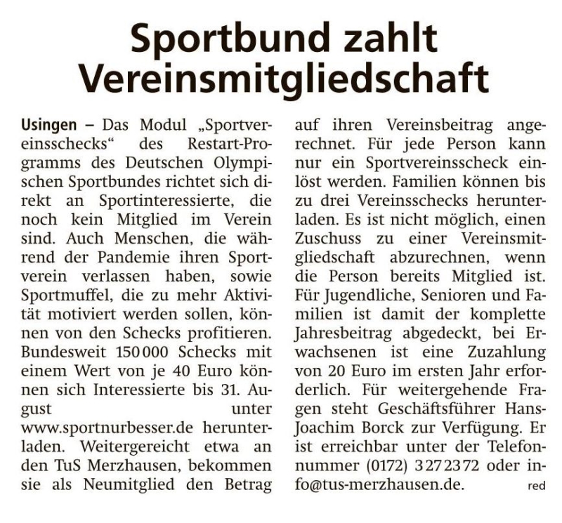 Sportbund zahlt Vereinsmitgliedschaft